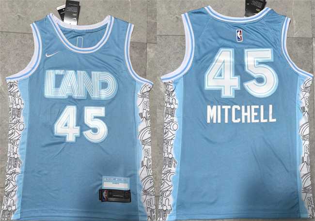 Mens Cleveland Cavaliers #45 Donovan Mitchell Light Blue 2024 City Edition Stitched Jersey